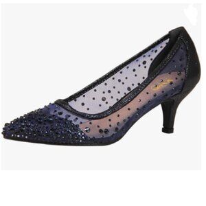 XYD Navy Closed Toe Slip On Mesh Pumps Rhinestone Studs Kitten Heels Shoes